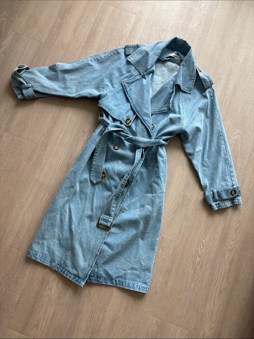 Light Blue Denim Trench Coat with Belt - Women's Casual Trench